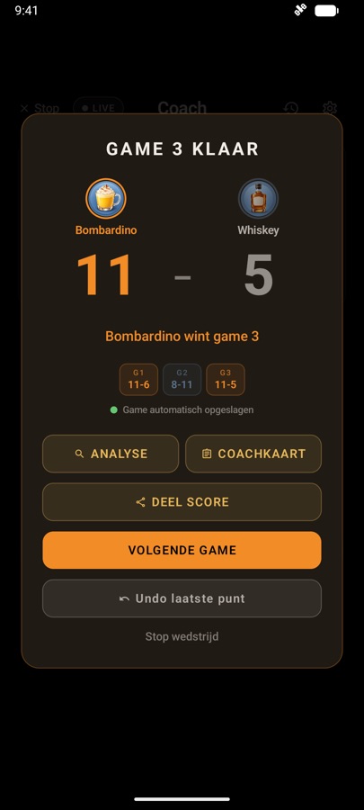 Game klaar met Analyse, Coachkaart en Deel score