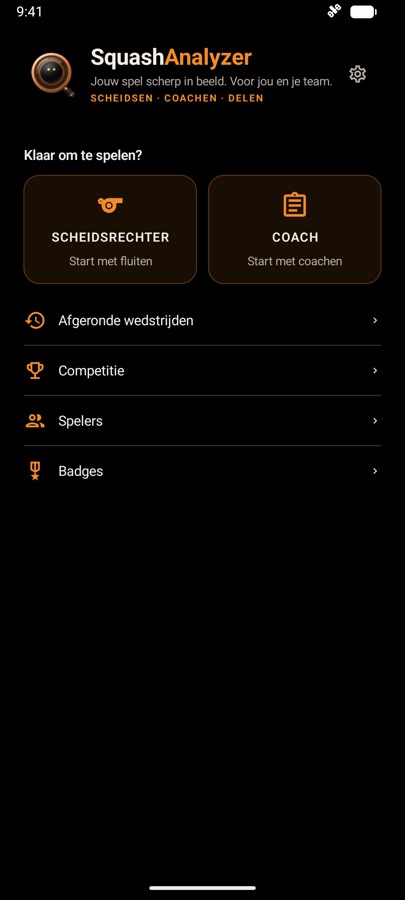 Beginscherm met Scheidsrechter, Coach en de overige onderdelen