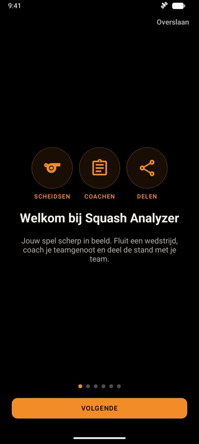 Eerste scherm van de rondleiding met Scheidsen, Coachen en Delen