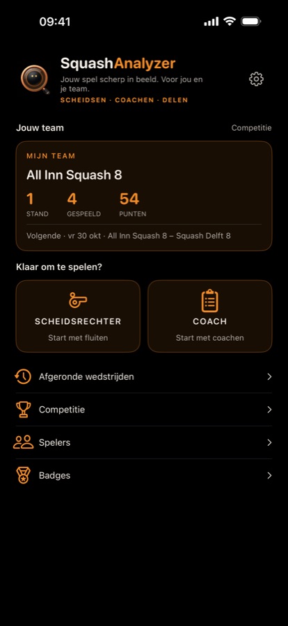 Beginscherm met Scheidsrechter, Coach en de overige onderdelen