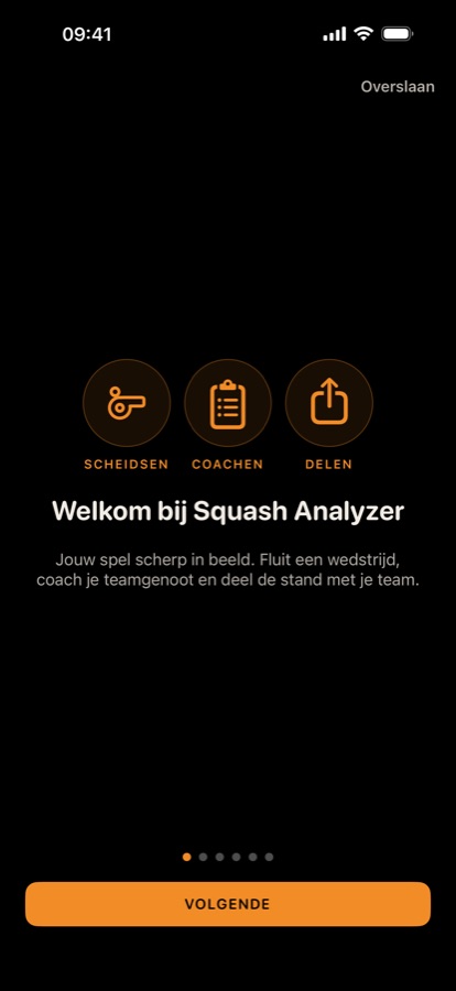 Eerste scherm van de rondleiding met Scheidsen, Coachen en Delen