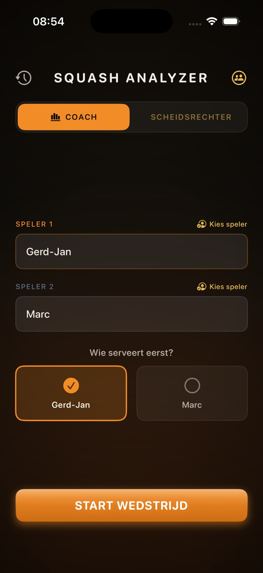 Wedstrijd opstarten in Squash Analyzer